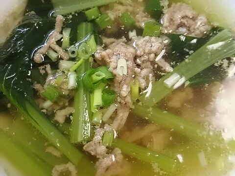 小松菜と豚ひき肉のしょうがスープ(^^)